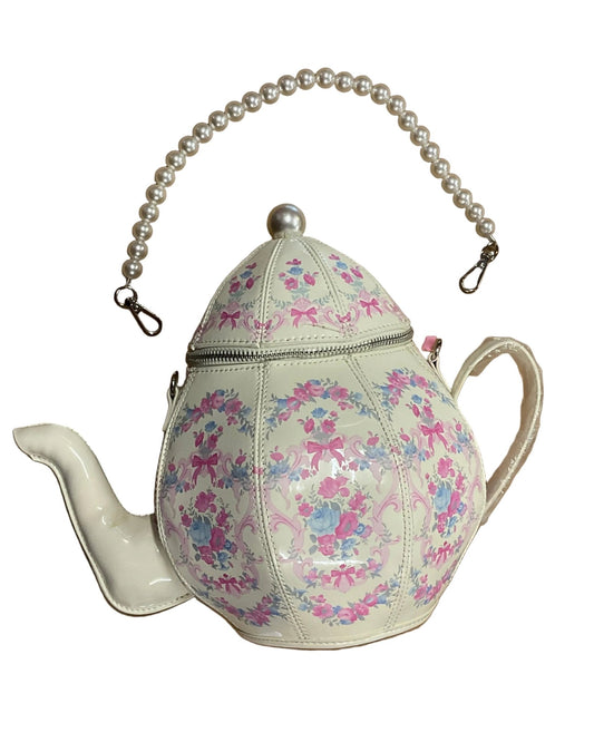 Tea Kettle Handbag - White & Floral - divasdenau