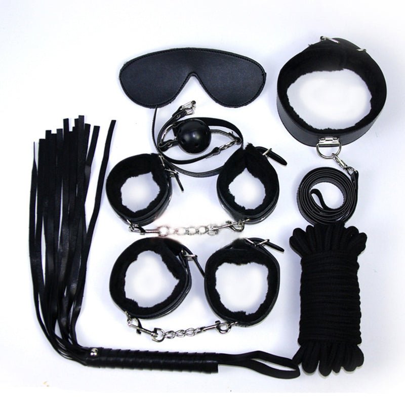 7pcs Fur Lined Leather Bondage Kit With Storage Bag - Black - divasdenau