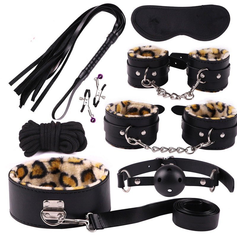 8pcs Leopard Fur Lined Leather Bondage Kit - divasdenau