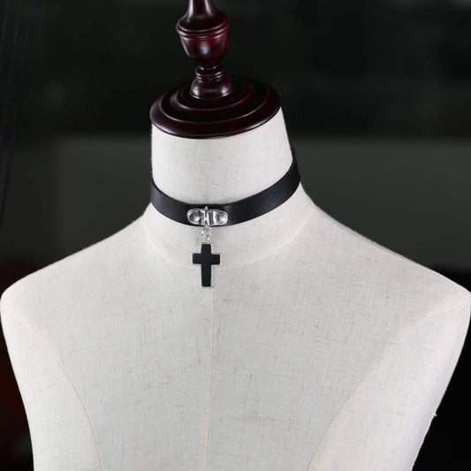 PU Collar with Cross Pendant - Black - divasdenau