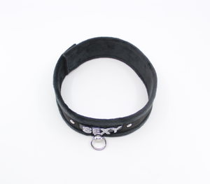 Love in Leather - Diamanté Embellished Soft Collar - 'Sexy' - Black