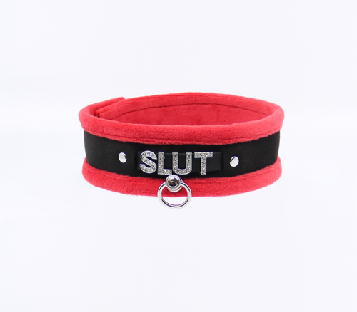 Love in Leather - Diamanté Embellished Soft Collar - 'Slut' - Red