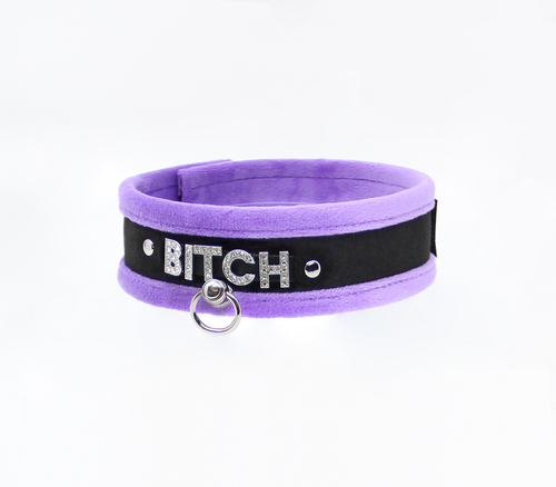 Love in Leather - Diamanté Embellished Soft Collar - 'Bitch' - Purple