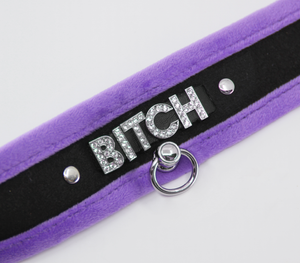 Love in Leather - Diamanté Embellished Soft Collar - 'Bitch' - Purple