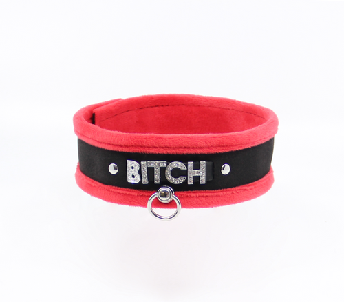 Love in Leather - Diamanté Embellished Soft Collar - 'Bitch' - Red