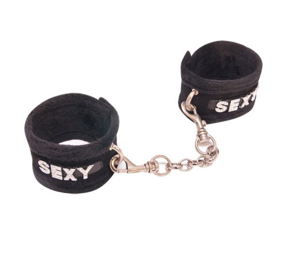 Diamanté Embellished Soft Cuffs - 'Sexy' - Black - divasdenau