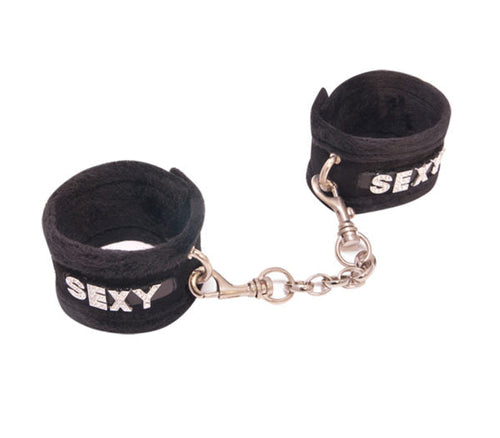 Love in Leather - Diamanté Embellished Soft Cuffs - 'Sexy' - Black