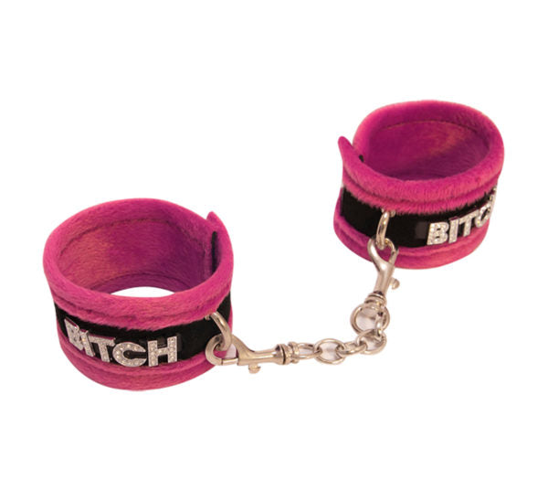 Diamanté Embellished Soft Cuffs - 'Bitch' - Pink