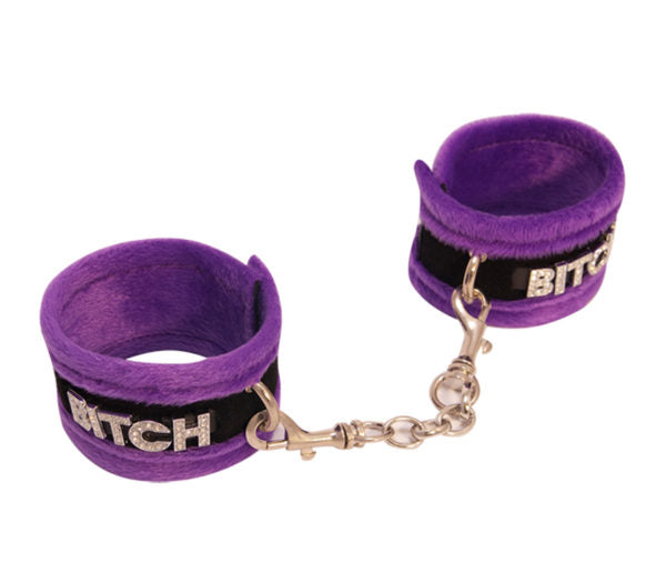 Diamanté Embellished Soft Cuffs - 'Bitch' - Purple