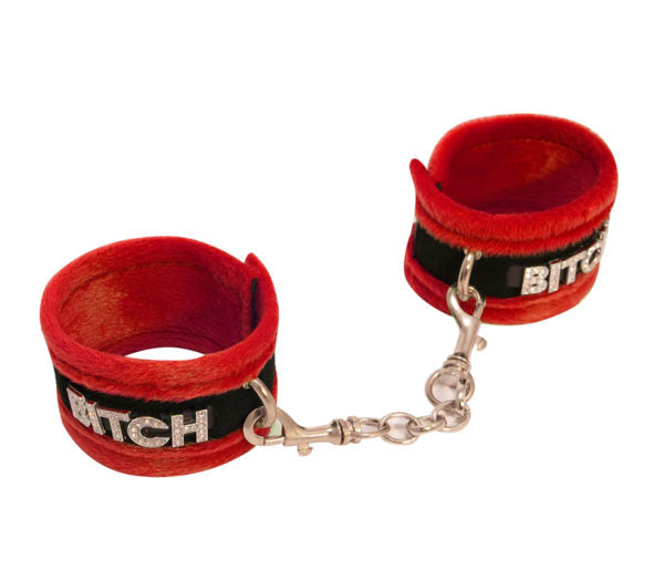 Diamanté Embellished Soft Cuffs - 'Bitch' - Red