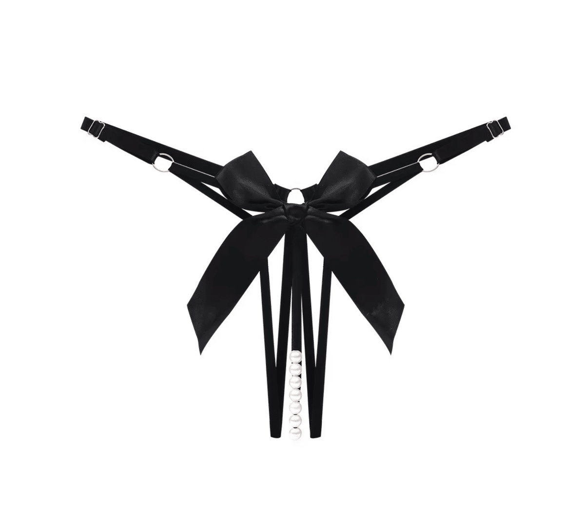 Crotchless Pearls Panty with Bow - Black - divasdenau