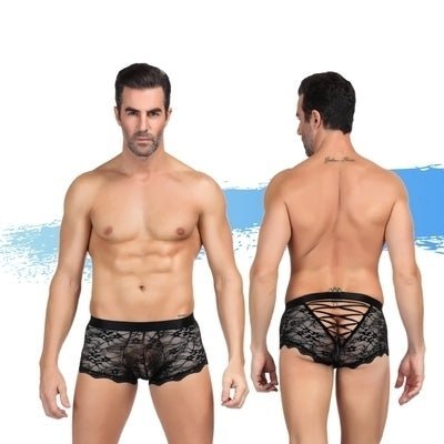 Men's Lace Boxer Brief with Criss-Cross Ribbon Detail at Back - Black - divasdenau