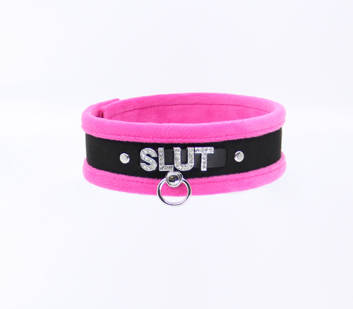 Love in Leather - Diamanté Embellished Soft Collar - 'Slut' - Pink