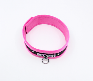 Love in Leather - Diamanté Embellished Soft Collar - 'Bitch' - Pink