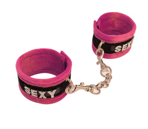 Love in Leather - Diamanté Embellished Soft Cuffs - 'Sexy' - Pink