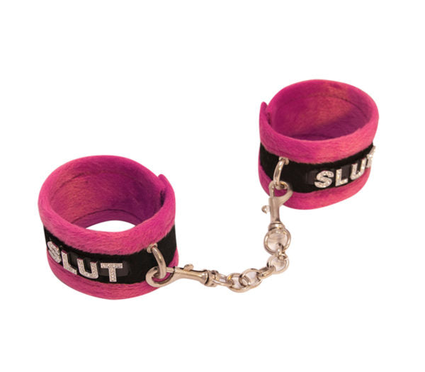 Diamanté Embellished Soft Cuffs - 'Slut' - Pink