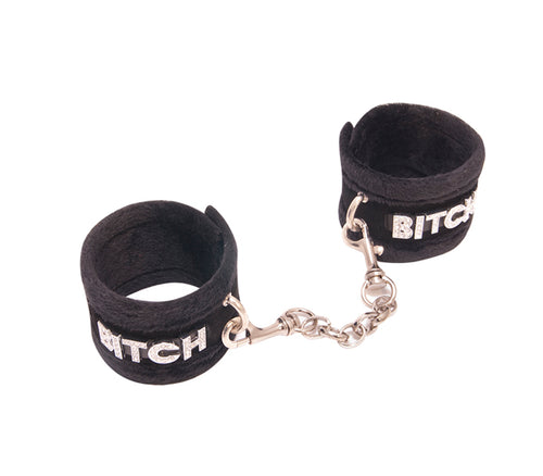 Love in Leather - Diamanté Embellished Soft Cuffs - 'Bitch' - Black