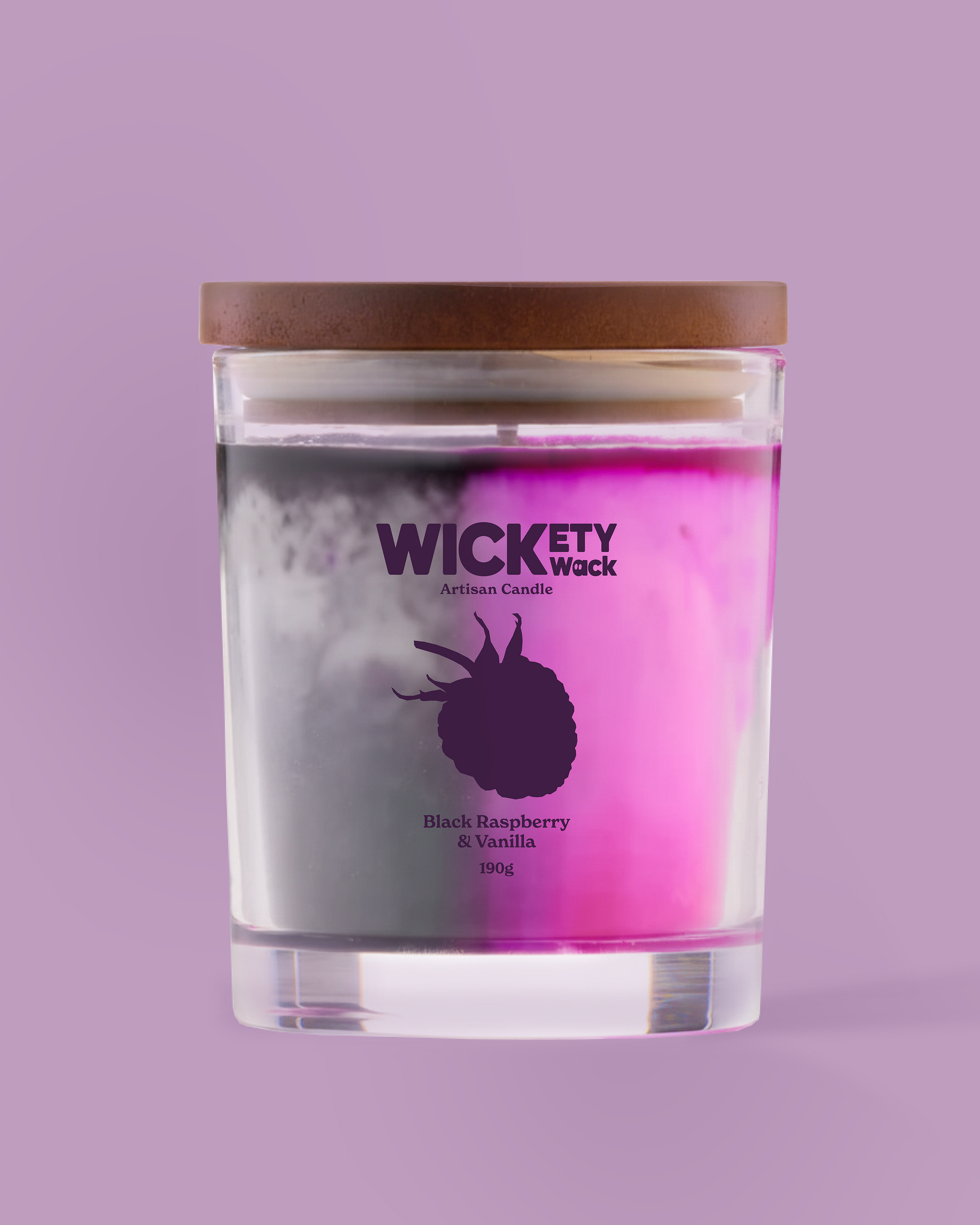 Candle with a purple label on a purple background