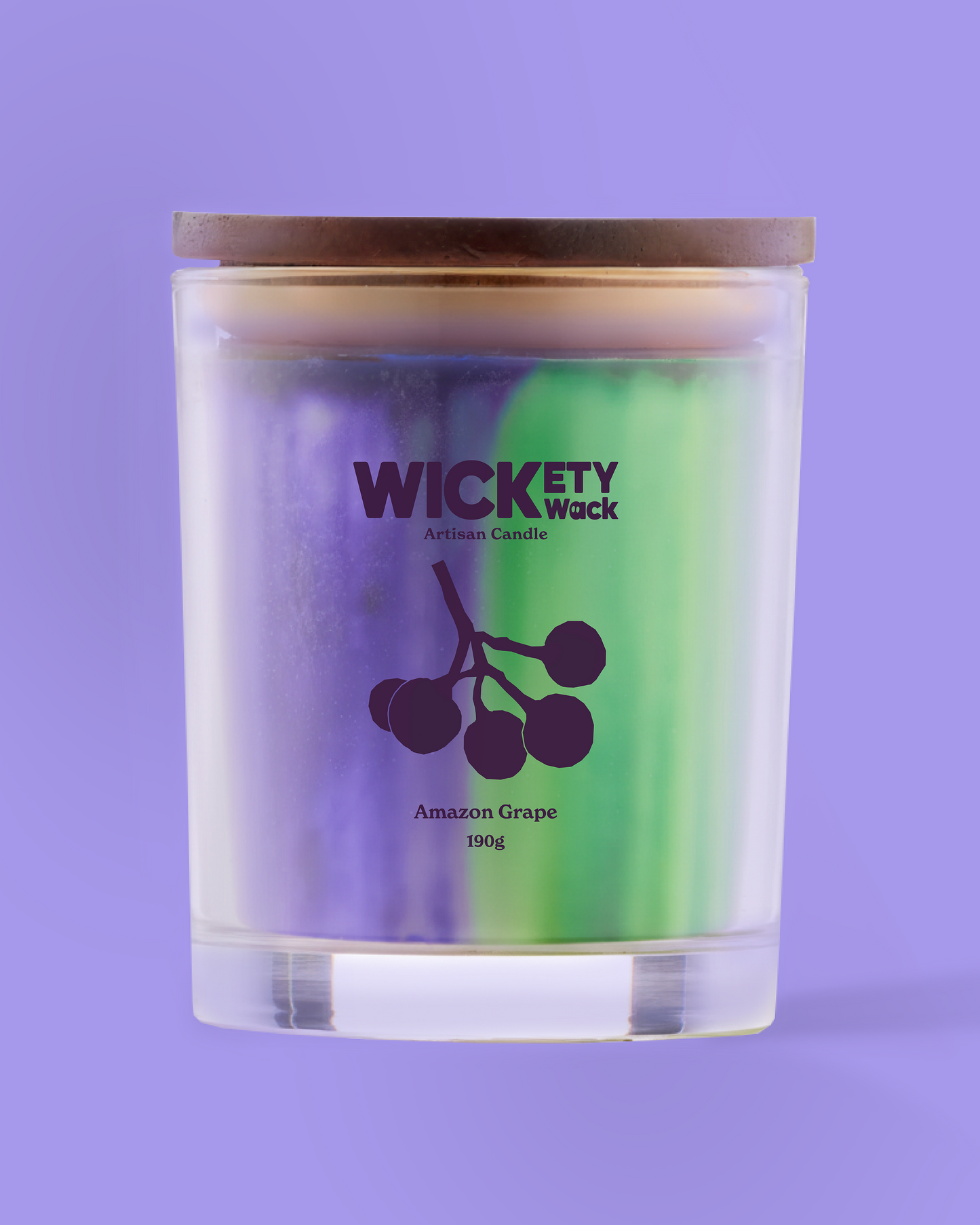Candle in a glass jar with a wooden lid on a purple background