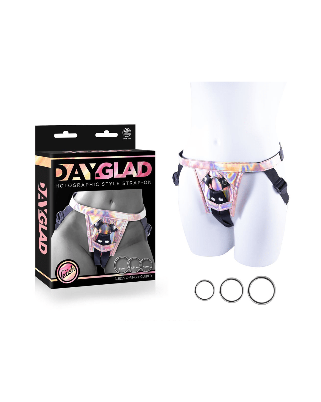 DAY-GLAD Holographic Strap-On Harness with 3 Metal Rings - divasdenau