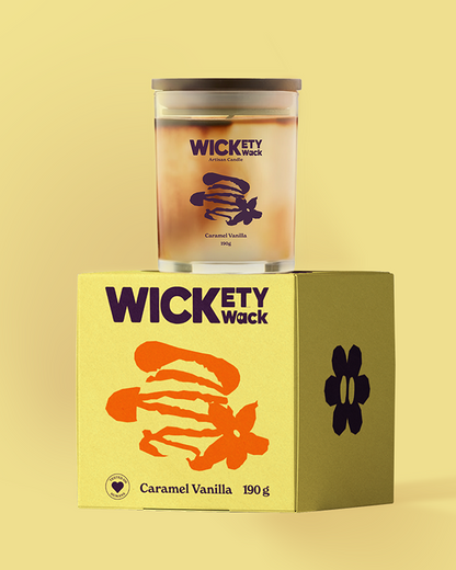 Wickety Wack caramel vanilla product with packaging on a yellow background