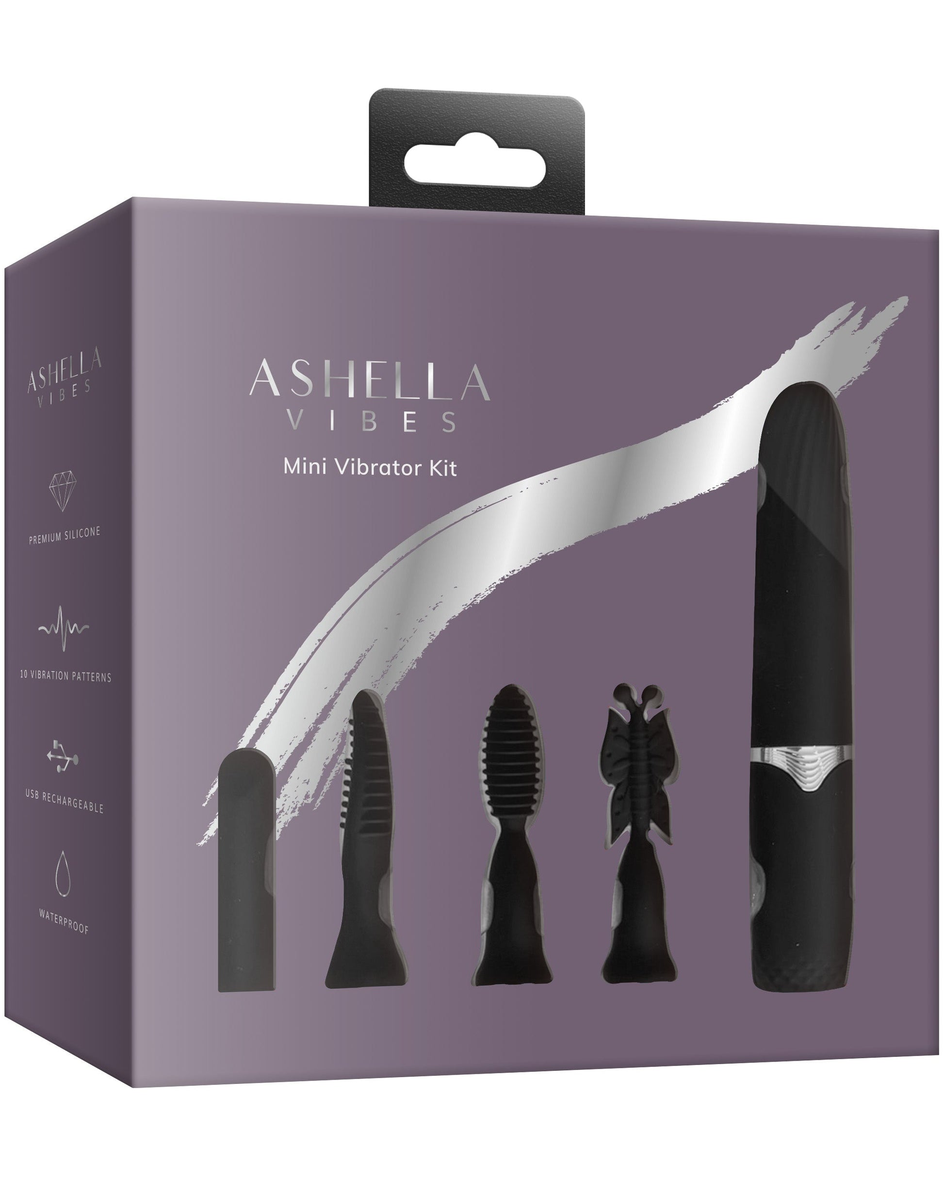 Ashella Vibes Mini Vibrator Kit in its original packaging, featuring a lavender box with a silver graphic and images of the included black silicone accessories.