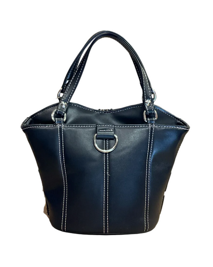 A structured black faux-leather handbag with silver studs, double top handles, a chain strap, and a wide studded belt detail wrapped in protective plastic, set against a plain brown paper background.