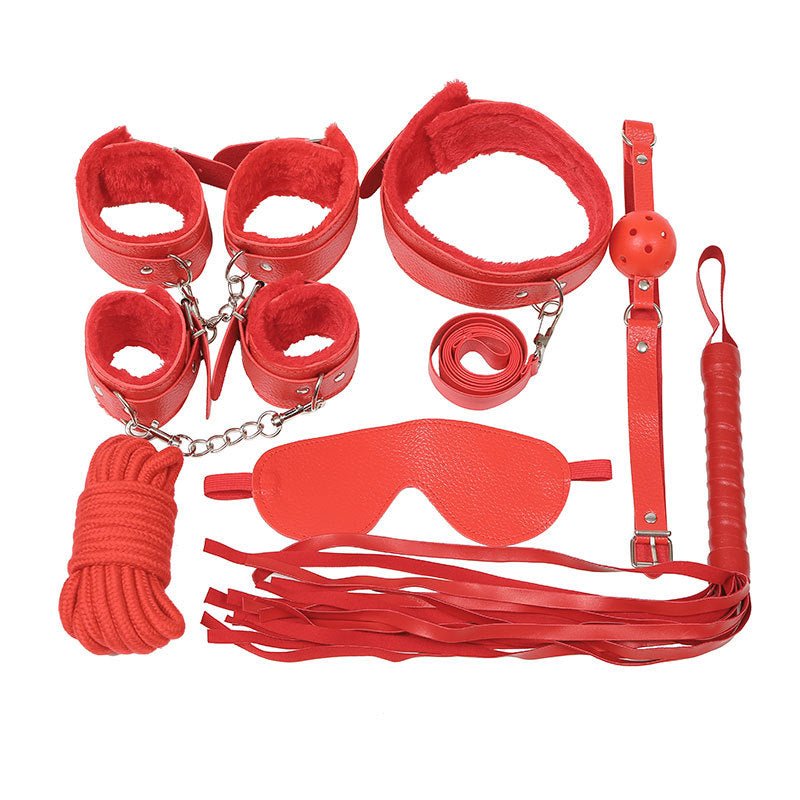 7pcs Fur Lined Leather Bondage Kit - Red - divasdenau