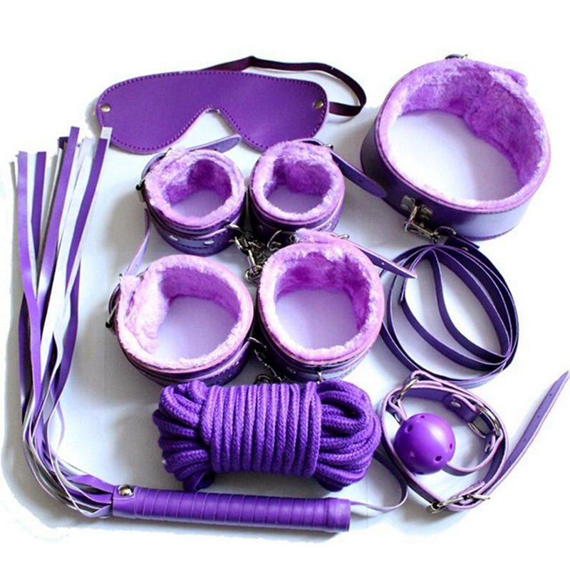 7pcs Fur Lined Leather Bondage Kit - Purple - divasdenau