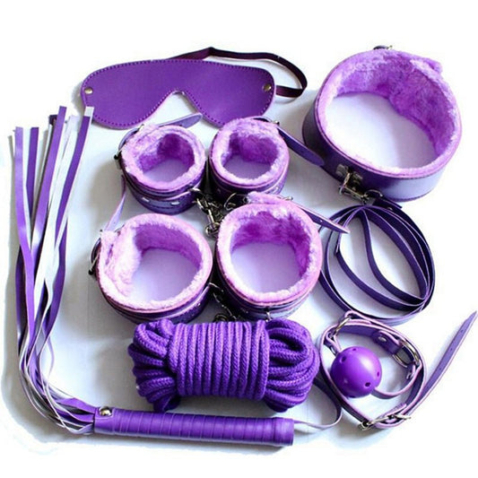 7pcs Fur Lined Leather Bondage Kit - Purple - divasdenau