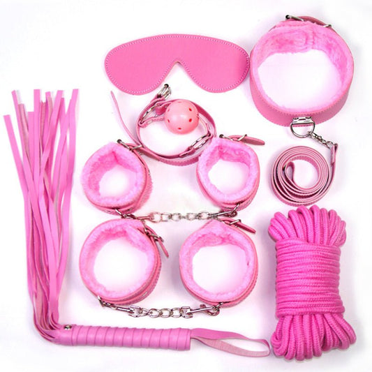 7pcs Fur Lined Leather Bondage Kit - Pink - divasdenau
