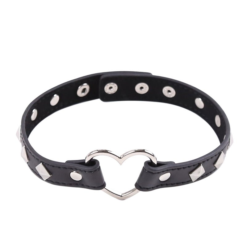 Heart Ring Connect PU Leather Collar - Black - divasdenau