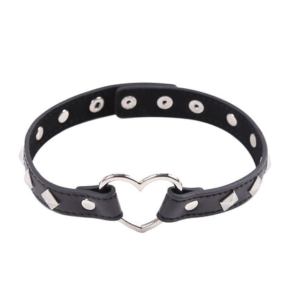 Heart Ring Connect PU Leather Collar - Black - divasdenau