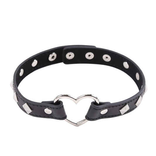 Heart Ring Connect PU Leather Collar - Black - divasdenau