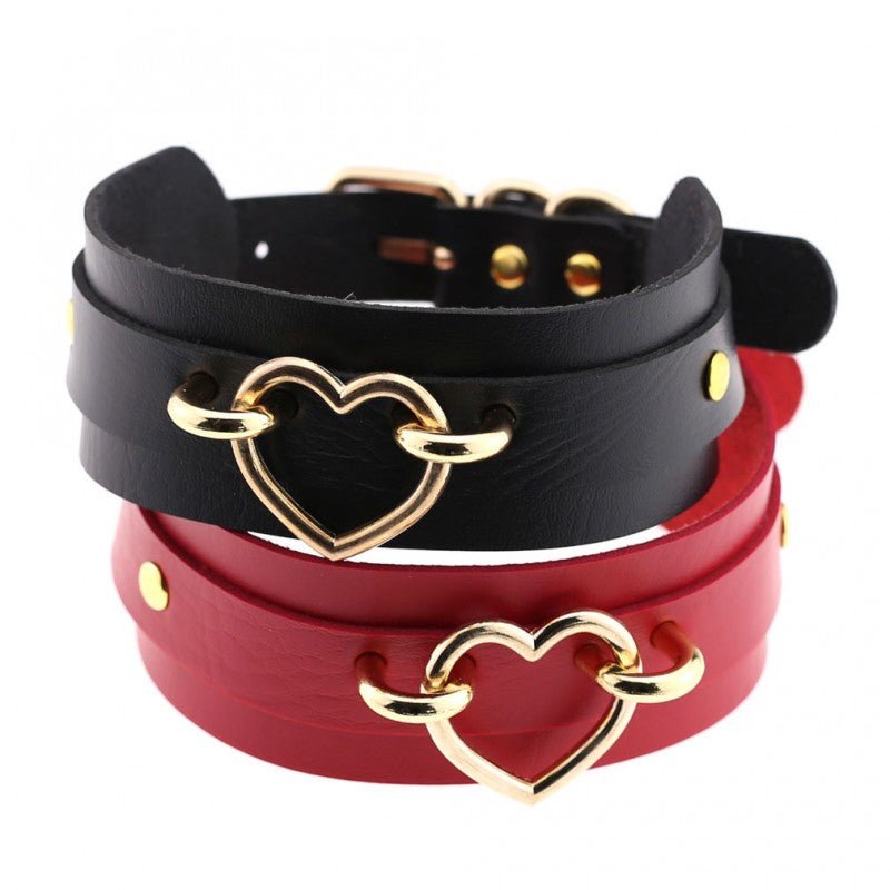 Double Layer PU Collar with Heart Ring Black/Red - divasdenau