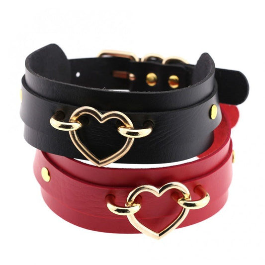 Double Layer PU Collar with Heart Ring Black/Red - divasdenau