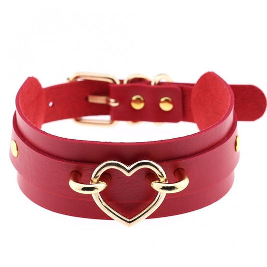 Double Layer PU Collar with Heart Ring Black/Red - divasdenau