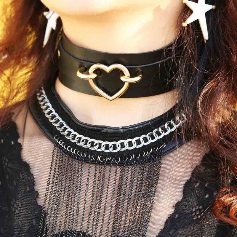 Double Layer PU Collar with Heart Ring Black/Red - divasdenau
