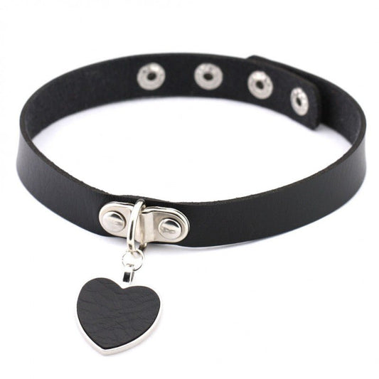 PU Collar with Heart Pendant - Black - divasdenau