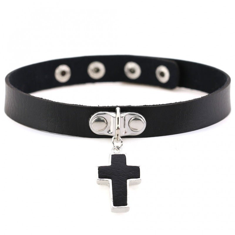 PU Collar with Cross Pendant - Black - divasdenau