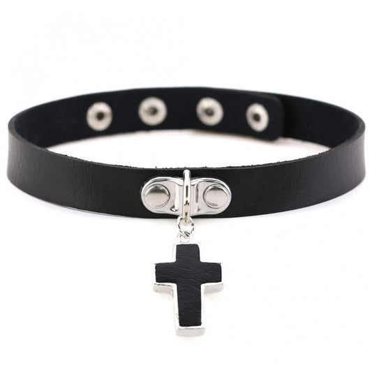 PU Collar with Cross Pendant - Black - divasdenau