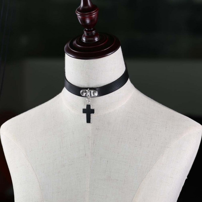 PU Collar with Cross Pendant - Black - divasdenau