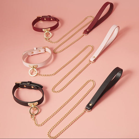Metal Leash Strict Leather Collar - Black / Red / Pink - divasdenau