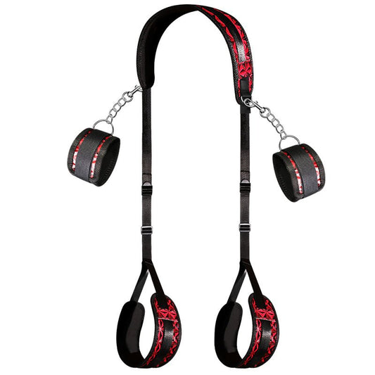Diamond Pattern Thigh Sling with Handcuffs- Black/Red - divasdenau
