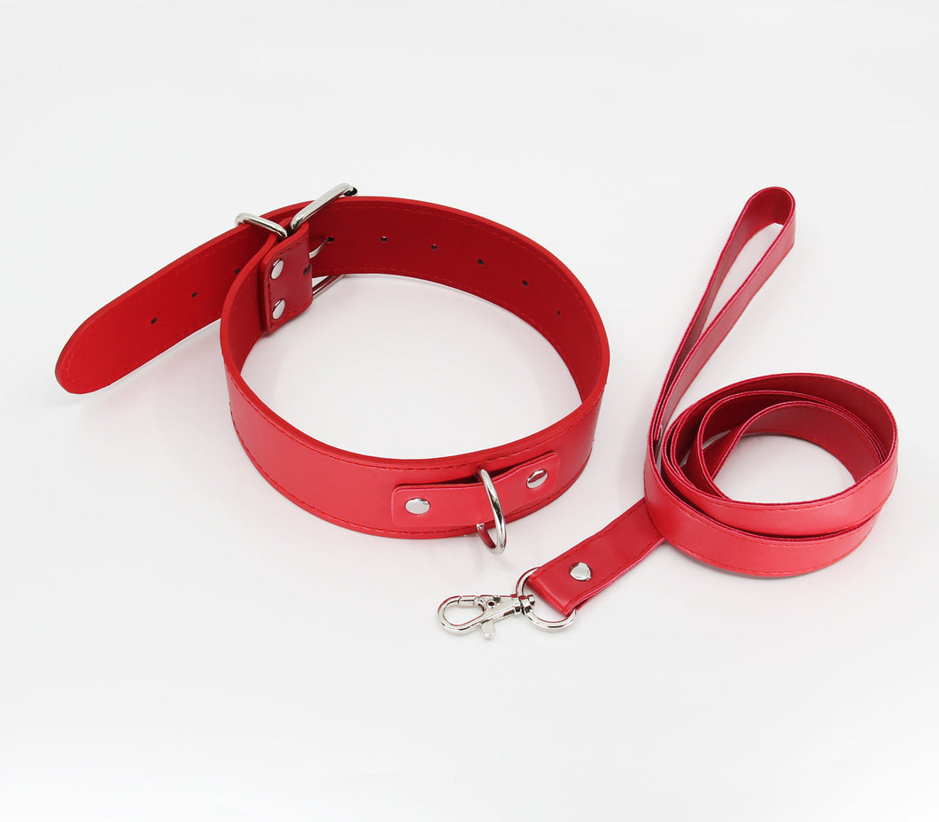 Unlined Faux Leather Collar & Lead - Red