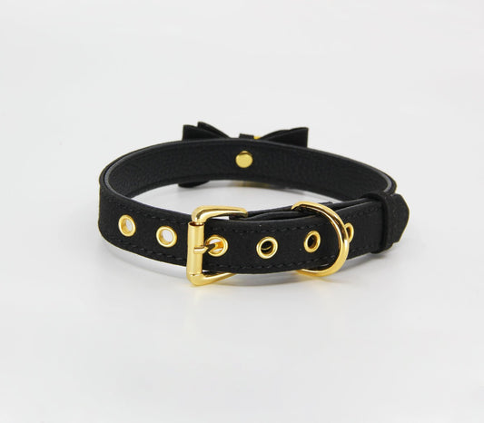 Berlin Baby - Faux Suede-Leather Collar with Cat Bell & Bow - Black/Gold - divasdenau