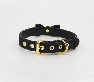 Love in Leather - Faux Suede-Leather Collar with Cat Bell & Bow - Black/Gold