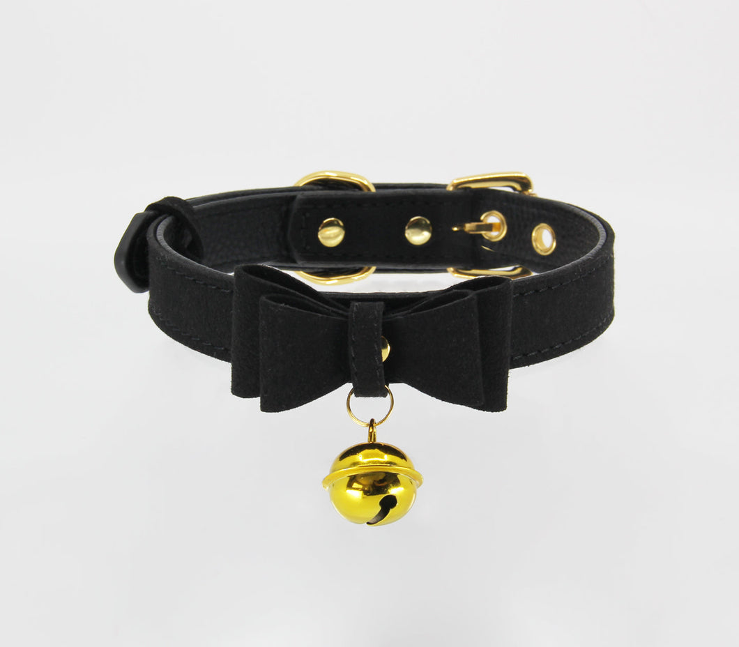 Berlin Baby - Faux Suede-Leather Collar with Cat Bell & Bow - Black/Gold