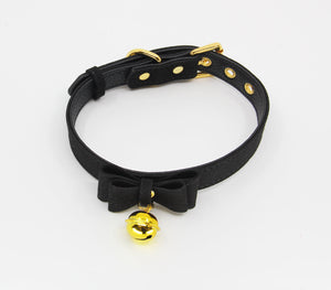 Love in Leather - Faux Suede-Leather Collar with Cat Bell & Bow - Black/Gold