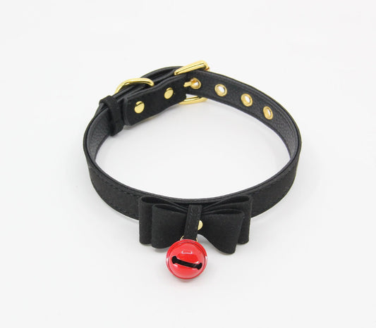 Berlin Baby - Faux Suede-Leather Collar with Cat Bell & Bow - Black/Red - divasdenau